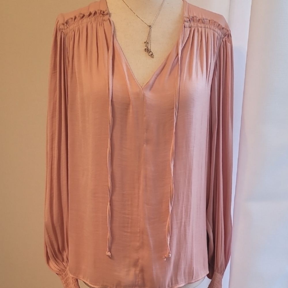 Catherine Malandrino Pink Bishop Sleeve Blouse with Ruched Tie Front
